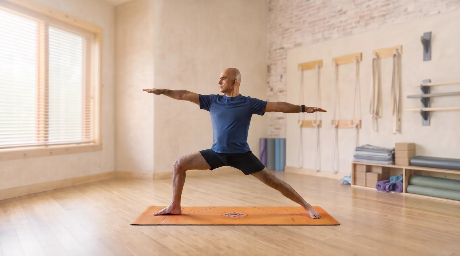 A teacher in Warrior II on an orange mat in a calm, sunlit studio